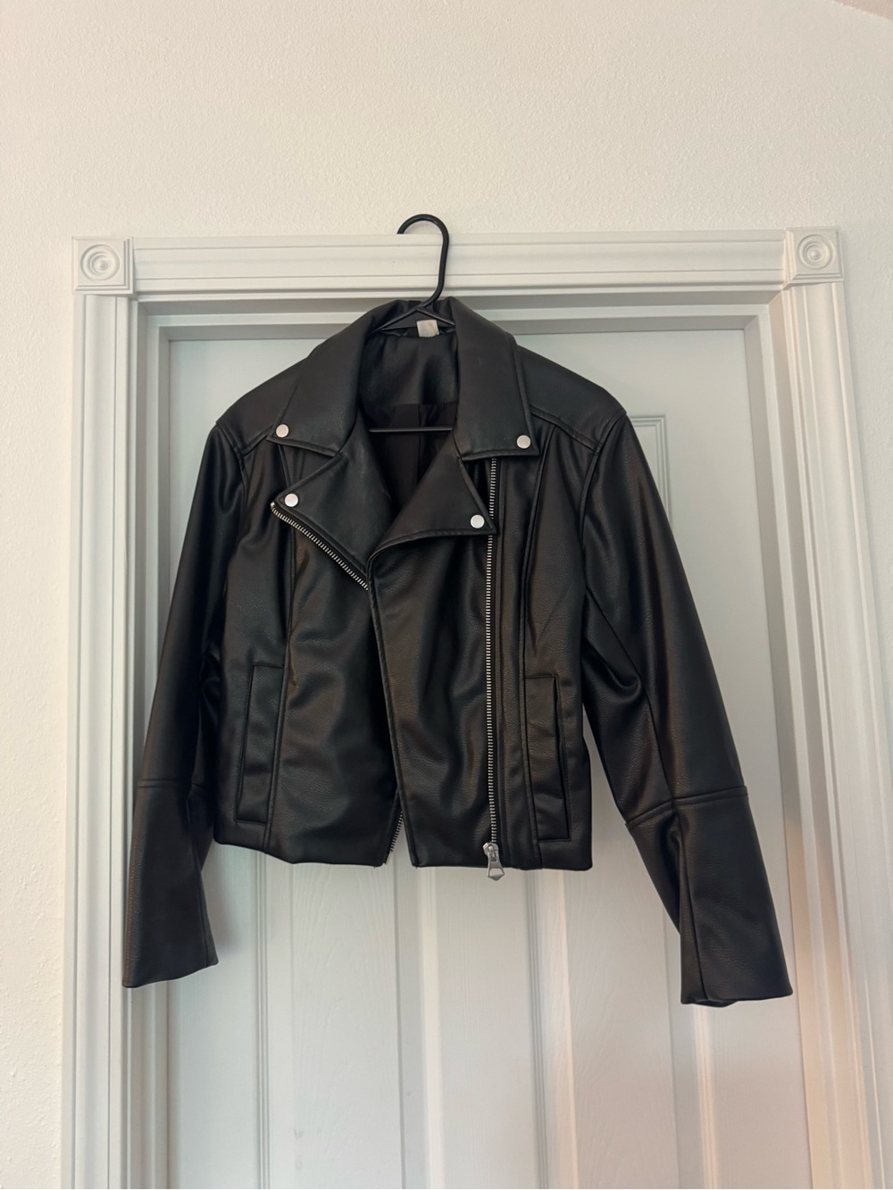 H&M Black Faux Leather Moto Jacket with Silver Hardware